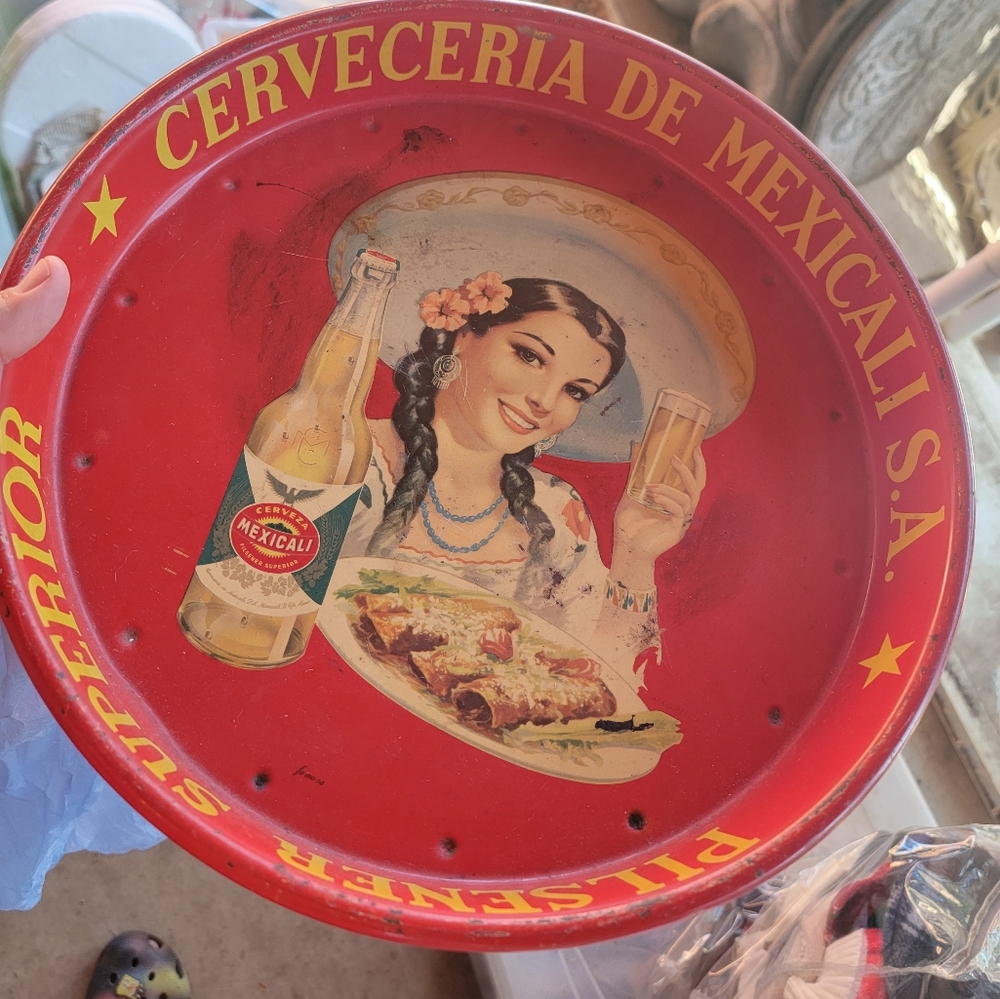 1960's vintage red Cerveceria de Mexicali serving beer Tray